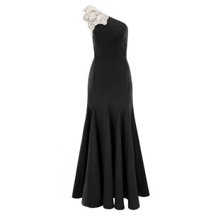 Crepe One Shoulder Gown With Crystal Flower