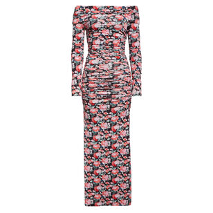 Long Sleeve Off-The-Shoulder Ruched Jersey Midi Dress