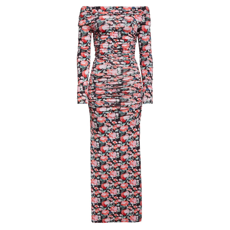 Long Sleeve Off-The-Shoulder Ruched Jersey Midi Dress image number null