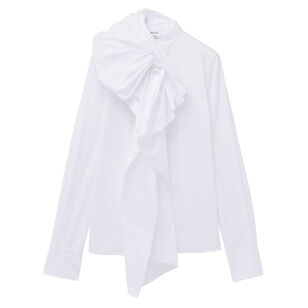 Ruffled Cotton Long Sleeve Shirt With Bow
