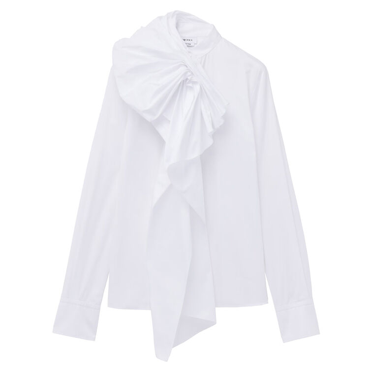 Ruffled Cotton Long Sleeve Shirt With Bow image number null