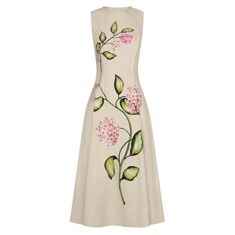 Sleeveless Porcelain Flowers Cotton Poplin Midi Dress image number null