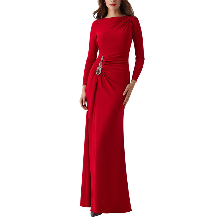Long Sleeve Crepe Ruched Jewel Applique Gown image number null