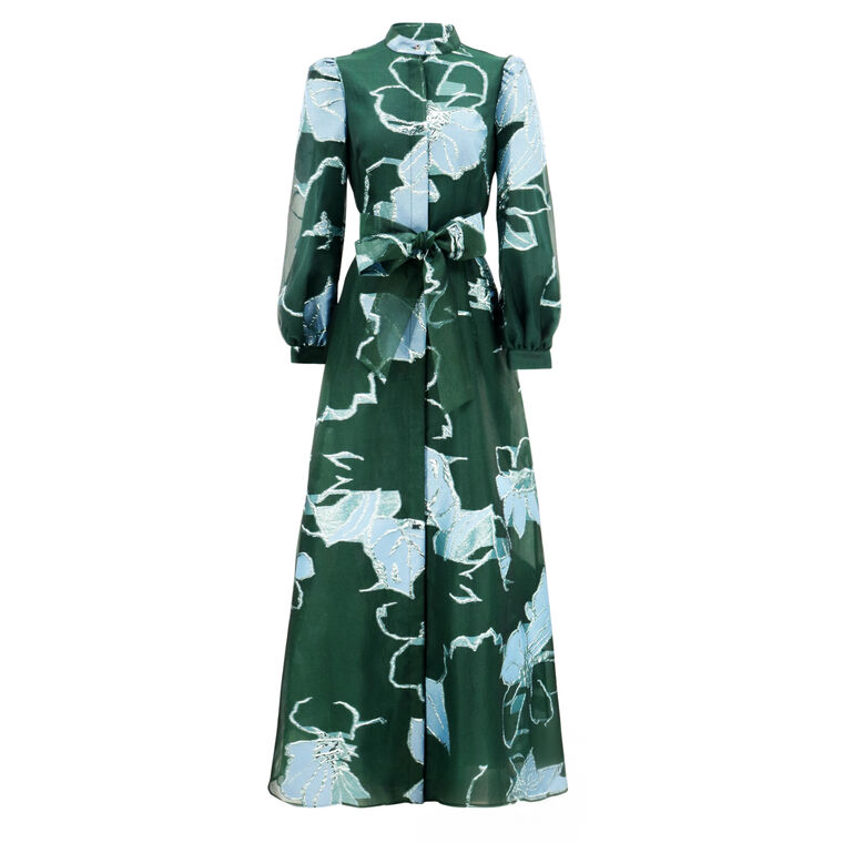 Floral Jacquard Mandarin Neck Shirt Gown image number null