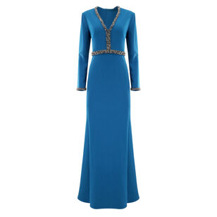 Long Sleeve Beaded Trim Gown