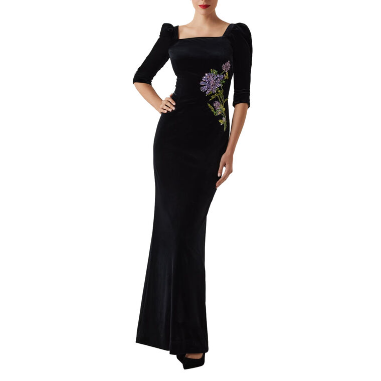 Velvet Elbow Sleeve Floral Applique Gown image number null