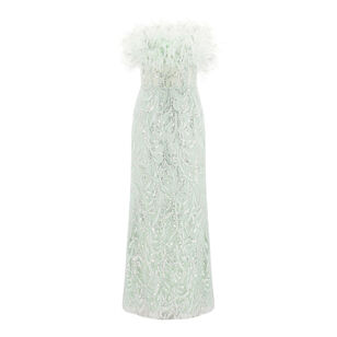 Strapless Feather Bustier Gown With Embroidery