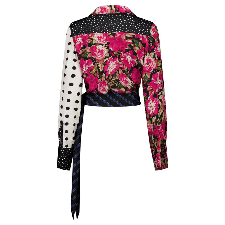 Long Sleeve Draped Patchwork Silky Twill Wrap Shirt image number null