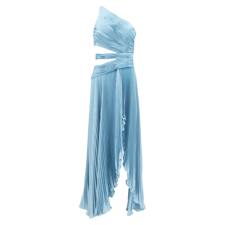 One Shoulder Cut Out Pleated Charmeuse Gown With Slit image number null