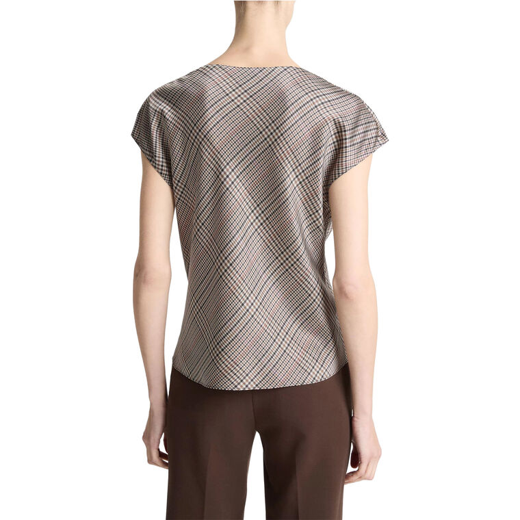 Pressed Plaid Cowl Neck Cap Sleeve Silk Blouse image number null