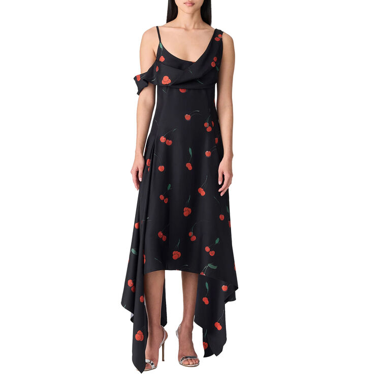 Cherry-Printed Silk Scarf Midi Dress image number null