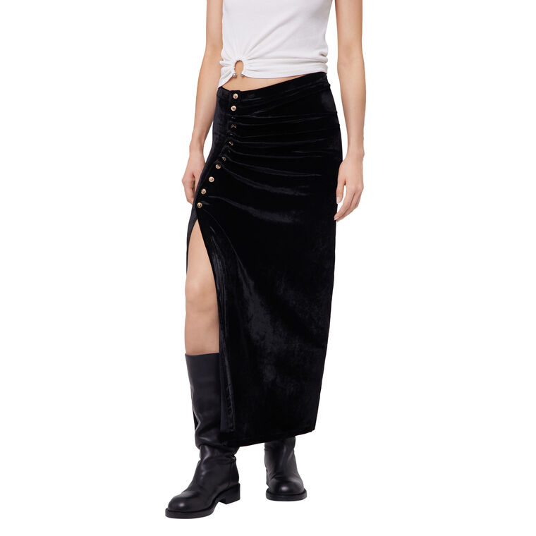 Ruched Velvet Draped Midi Skirt image number null