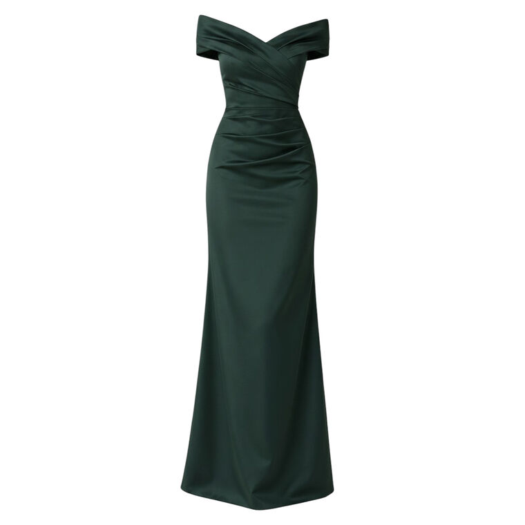 Off-The-Shoulder Stretch Satin Ruched Gown image number null