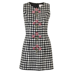 Embroidered Houndstooth Sleeveless Crew Neck Mini Dress