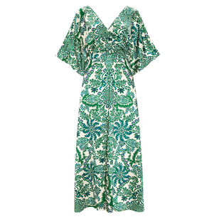 Zania Kimono-Sleeve V-Neck Satin Midi Dress