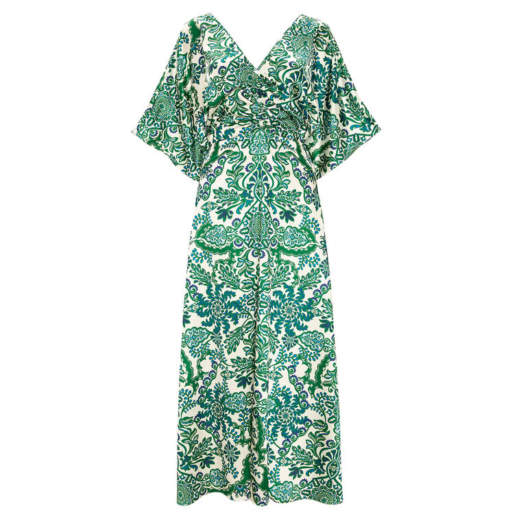 Zania Kimono-Sleeve V-Neck Satin Midi Dress image number null