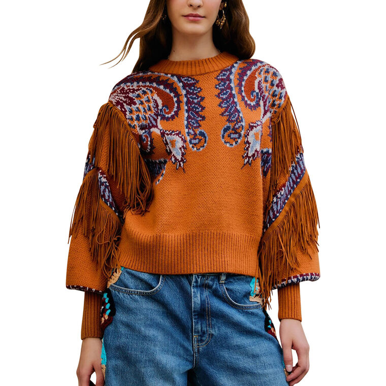 Arabesque Scarf Fringe Cuffed Knit Sweater image number null