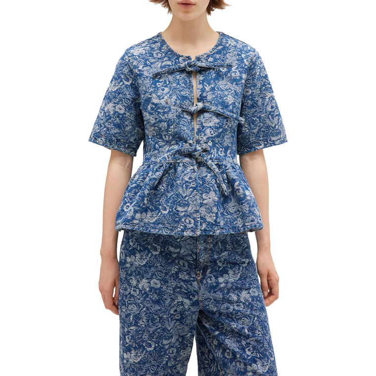 Short Sleeve Tapestry Denim Peplum Blouse image number null