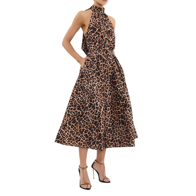 Clarice Sleeveless Halterneck Leopard Print Midi Dress image number null
