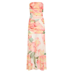 Leo Strapless Ruched Mesh Maxi Dress
