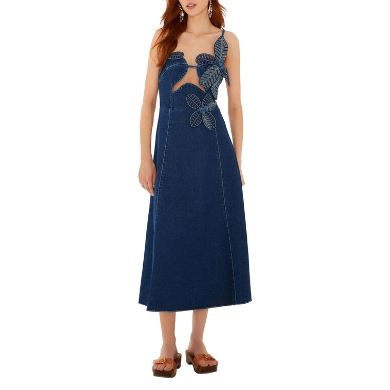 Sleeveless Denim 3D Flower Cut-Out Midi Dress image number null