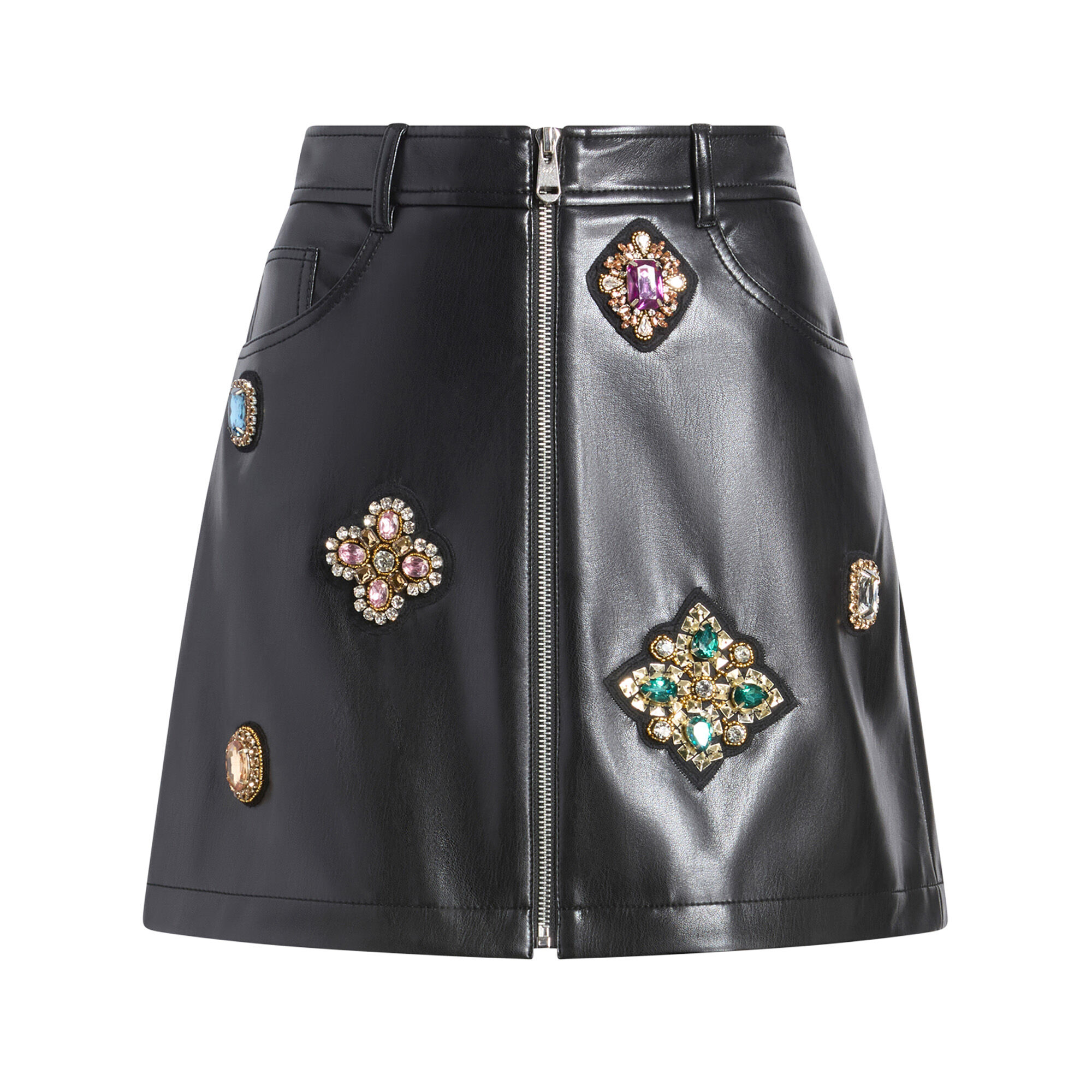 Cinq à Sept Baroque Patches Genevieve Vegan Leather Mini Skirt