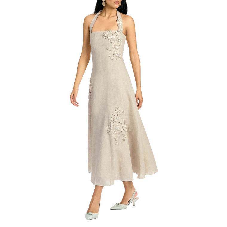 Pippa Sleeveless Linen Midi Dress With 3D Floral Applique image number null