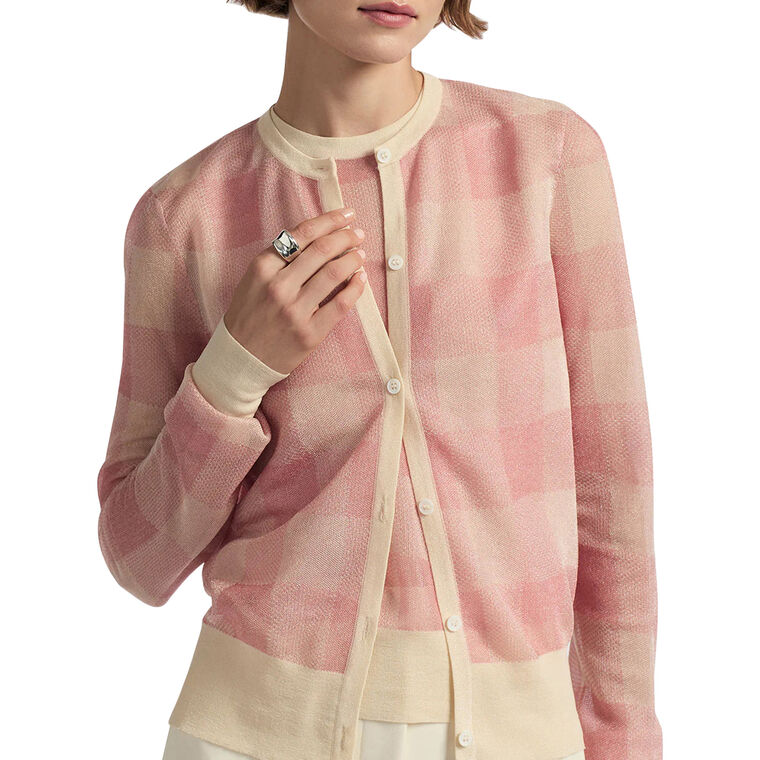 Plaid Sheer Knit Long Sleeve Cardigan image number null