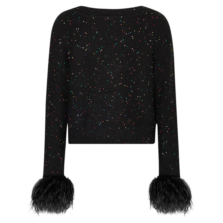 Sequin Feather Cuff V-Neck Sweater image number null