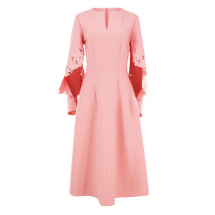 Floral Detail Embroidered Sleeve Split Neck Midi Dress