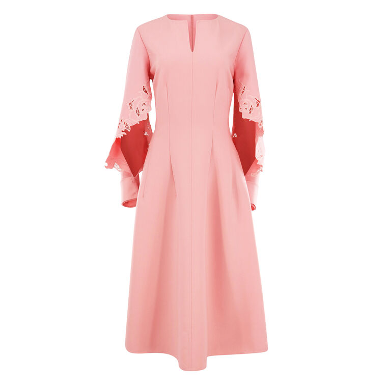 Floral Detail Embroidered Sleeve Split Neck Midi Dress image number null