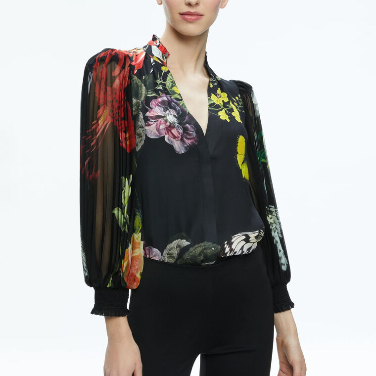 Ilan Pleated Blouson Sleeve Button Front Blouse image number null