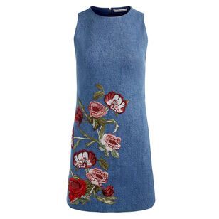 Cade Embroidered Denim Sleeveless Mini Shift Dress