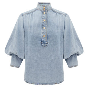 3/4 Sleeve Denim Stand Collar Blouse