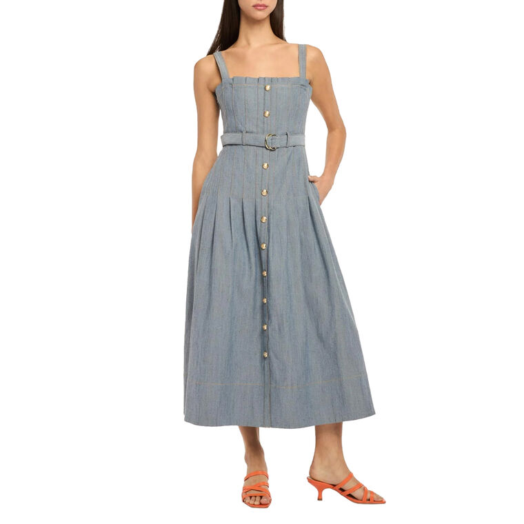 Brawnwen Sleeveless Belted Denim Midi Dress image number null