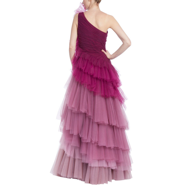 One-Shoulder Ombre Tulle Tiered Gown image number null