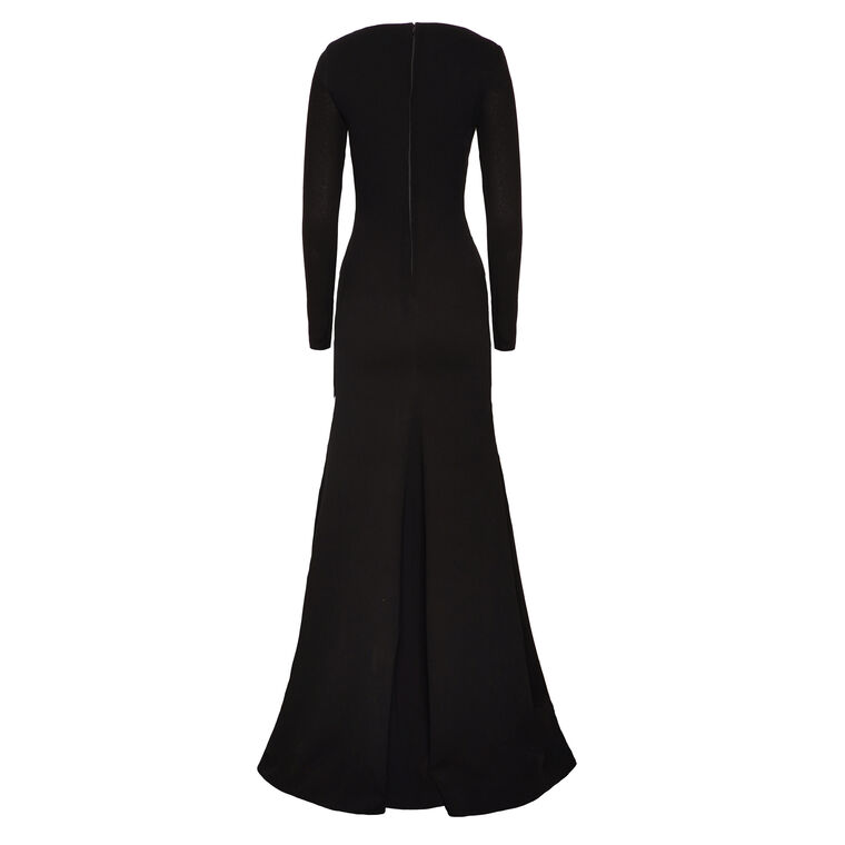 Embroidered Boat Neck Long Sleeve Fit-And-Flare Gown image number null