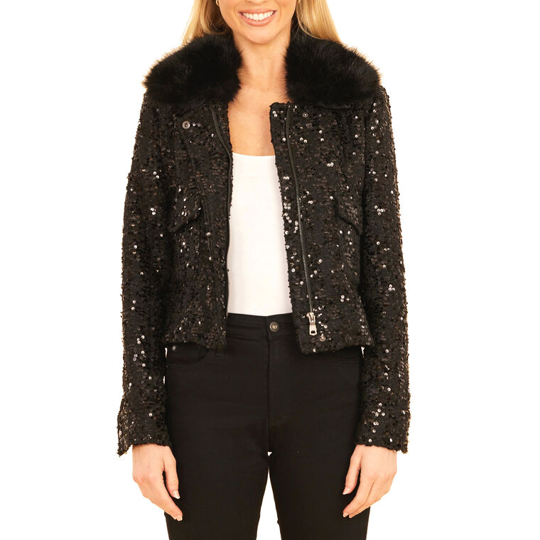 Faux Fur Trimmed Sequin Jacket image number null