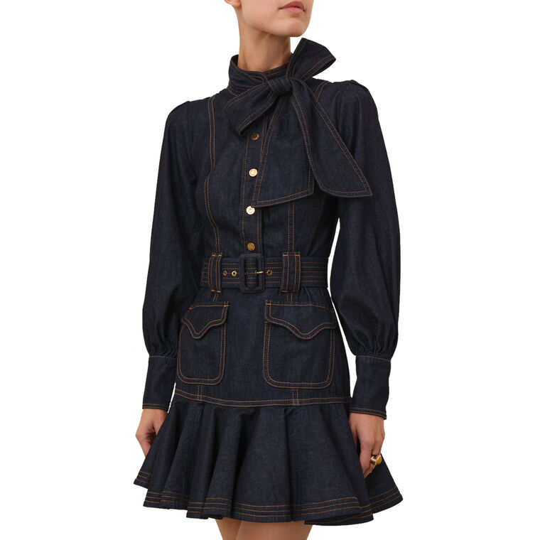 Long Sleeve Tie-Neck Denim Flip Belted Mini Dress image number null