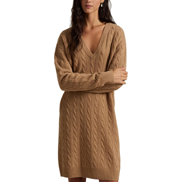 Cable-Knit Wool-Cashmere V-Neck Sweater Dress image number null