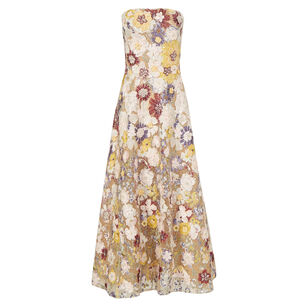 Jassa Emboidered Beaded Lace Floral Strapless Midi Dress