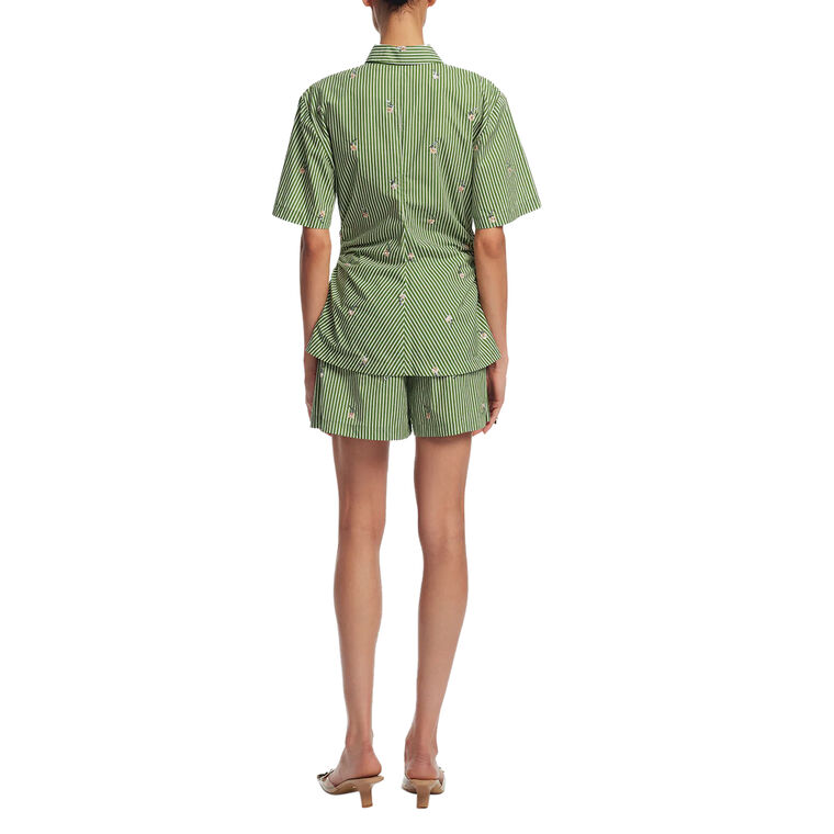 Short Sleeve Embroidered Striped Cotton Bow Front Shirt image number null