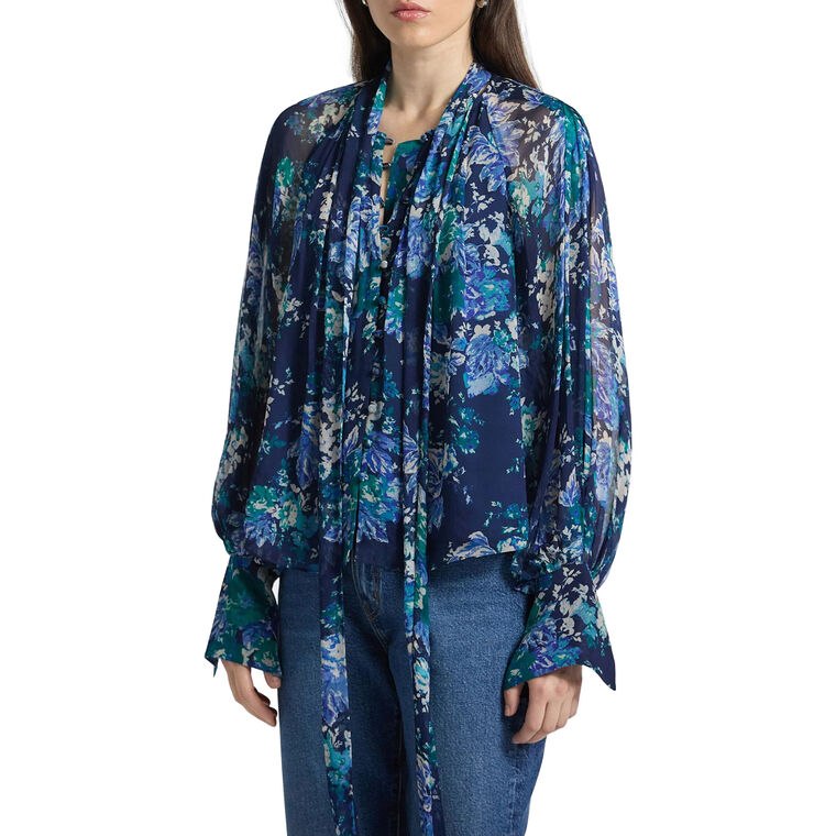 Aderyn Long Sleeve Floral Tapestry Tie Neck Blouse image number null