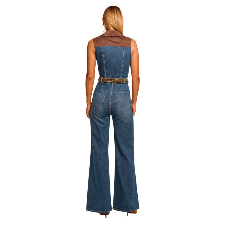 Claudette Faux Suede Trim Denim Jumpsuit image number null