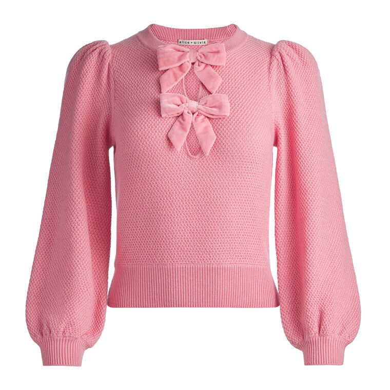 Doris Bow Detail Puff Sleeve Pointelle Pullover Sweater image number null