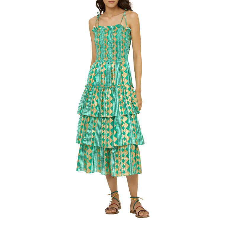 Smocked Tie Strap Ruffle Midi Dress image number null