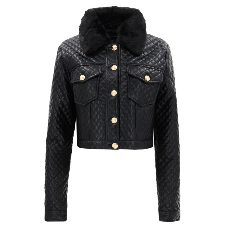 Vegan Leather Quilted Jacket With Removable Collar image number null