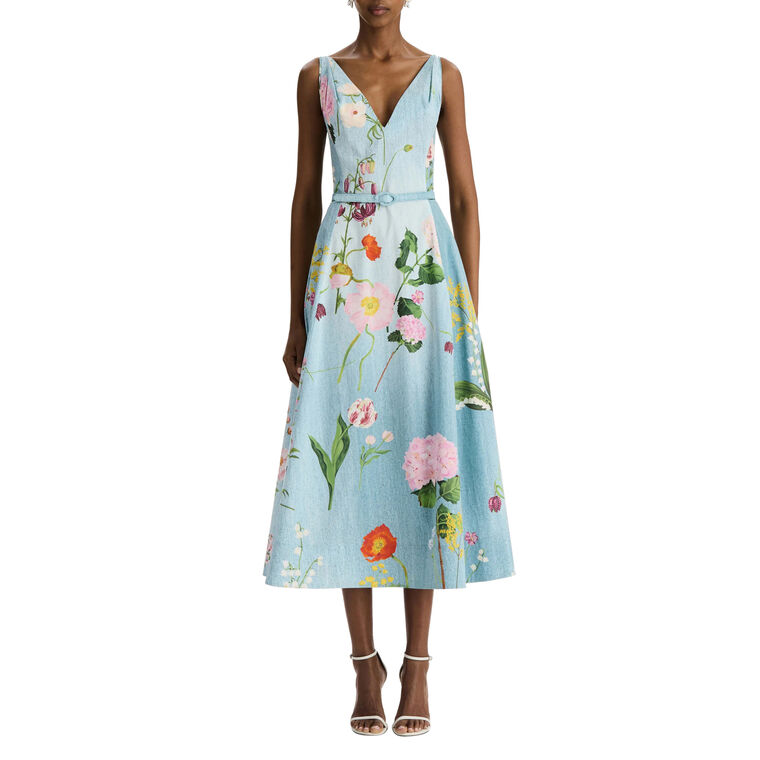 Sleeveless V-Neck Belted Mixed Botancial Cotton Poplin Midi Dress image number null