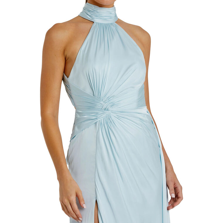 Open Back High Neck Side Ruched Front Slit Gown image number null