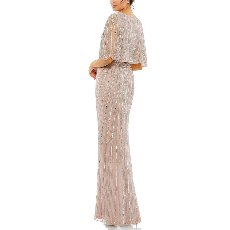 Sequined V-Neck Cape Sleeve Column Gown image number null